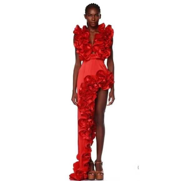 Sexy Glamorous Luxury Runway Party Outfit Ruffles Bodysuit Top Skirt Dress Cover - Picture 3 of 16